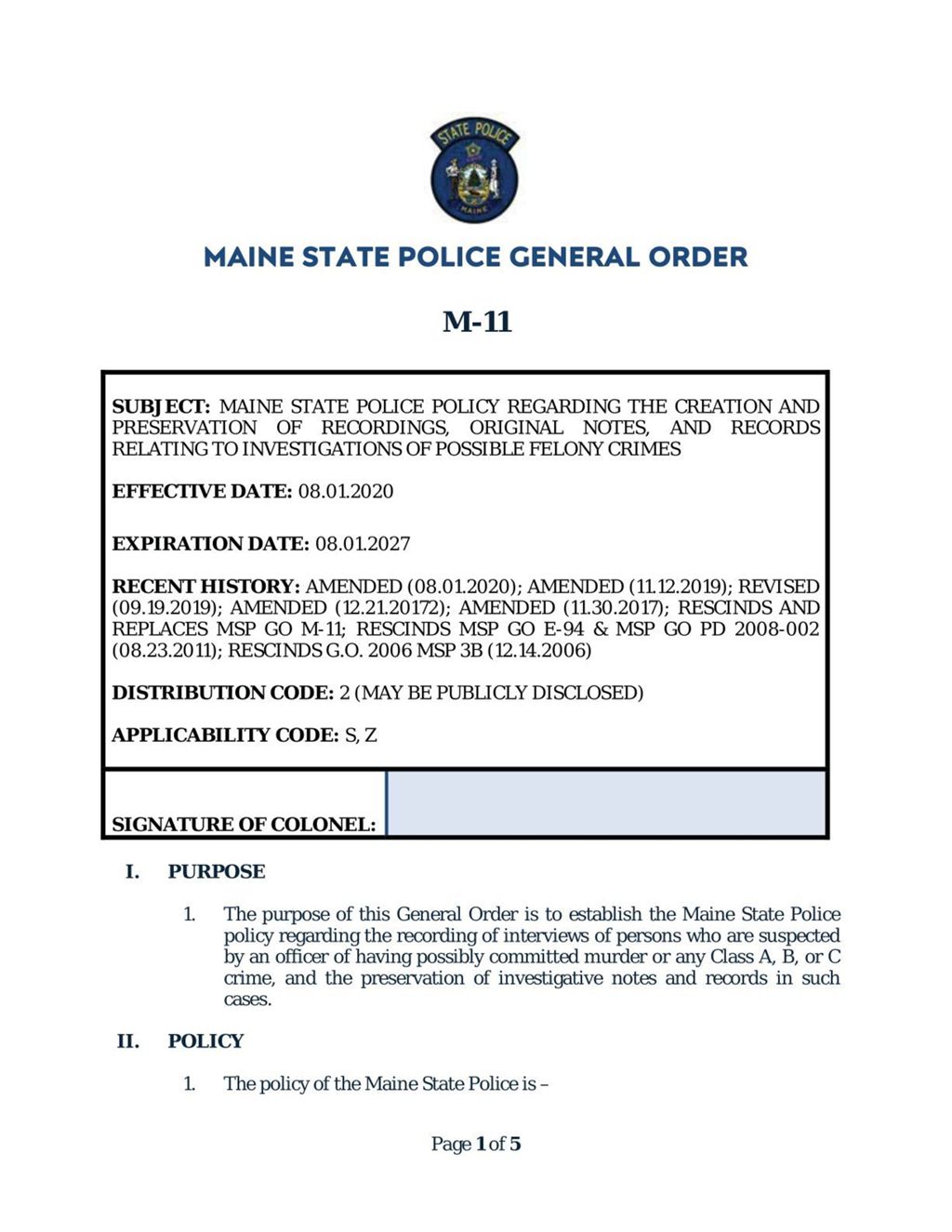 Miniature of 201212 MSP GO M-11 FOR FILING WITH MSA (One (1) GO)