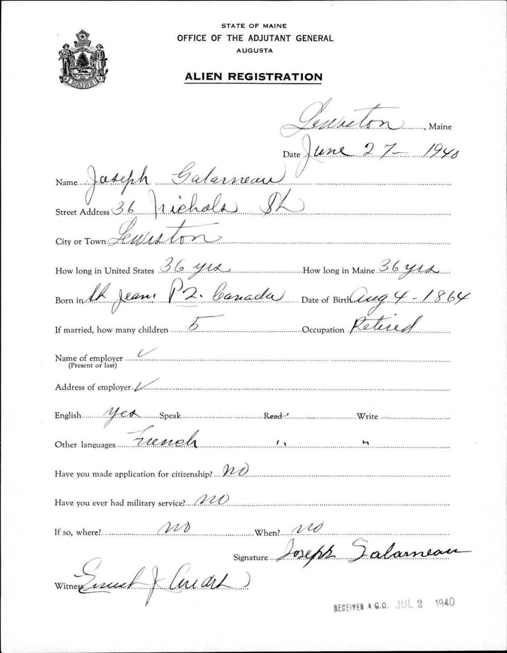 Miniature of Alien Registration- Galarneau, Joseph (Lewiston, Androscoggin County)