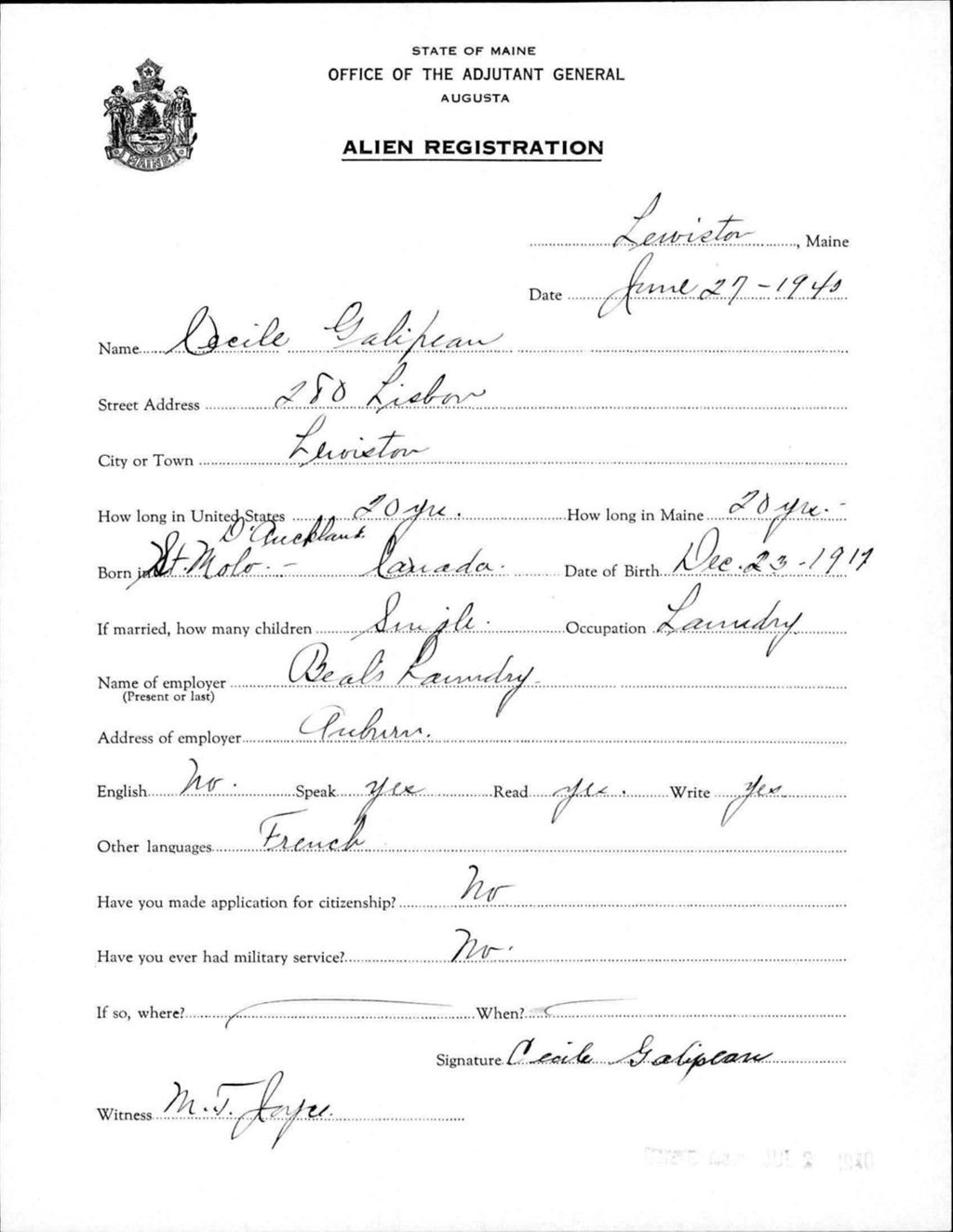 Miniature of Alien Registration- Galipeau, Cecile (Lewiston, Androscoggin County)