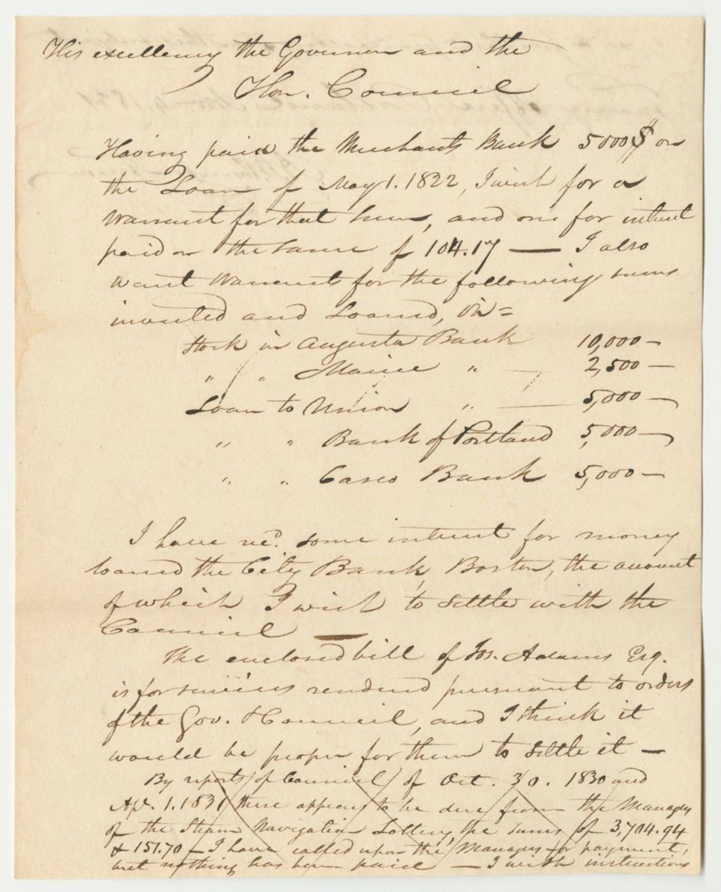 Miniature of Communication from A.B. Thompson, Treasurer of the State, Requesting a Warrant Be Drawn for the Loan to the Merchants Bank and for Interest on the Same