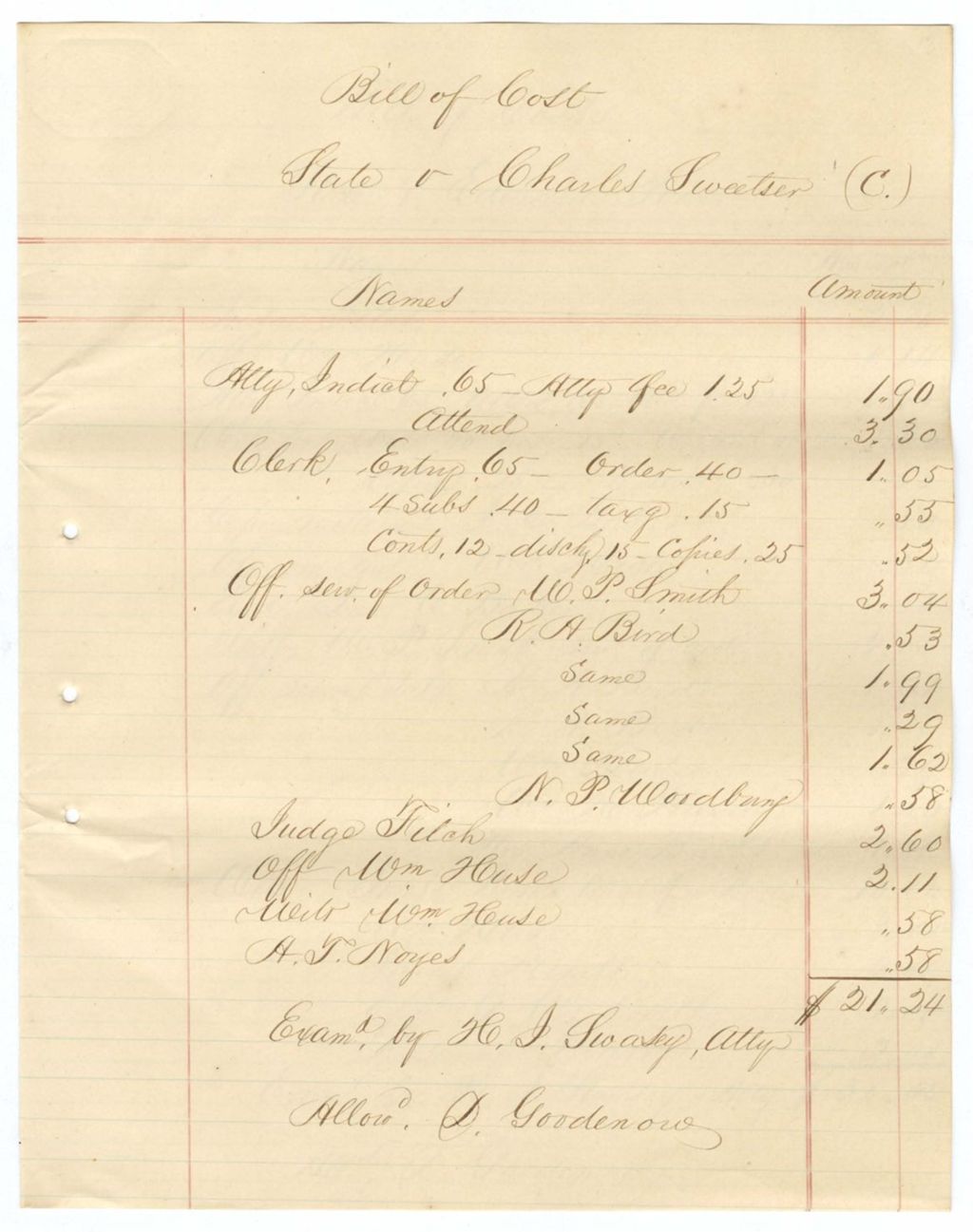 Miniature of Bill of Cost, State vs. Charles Sweeetser