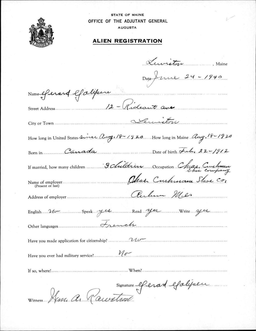 Miniature of Alien Registration- Galipeau, Gerard (Lewiston, Androscoggin County)