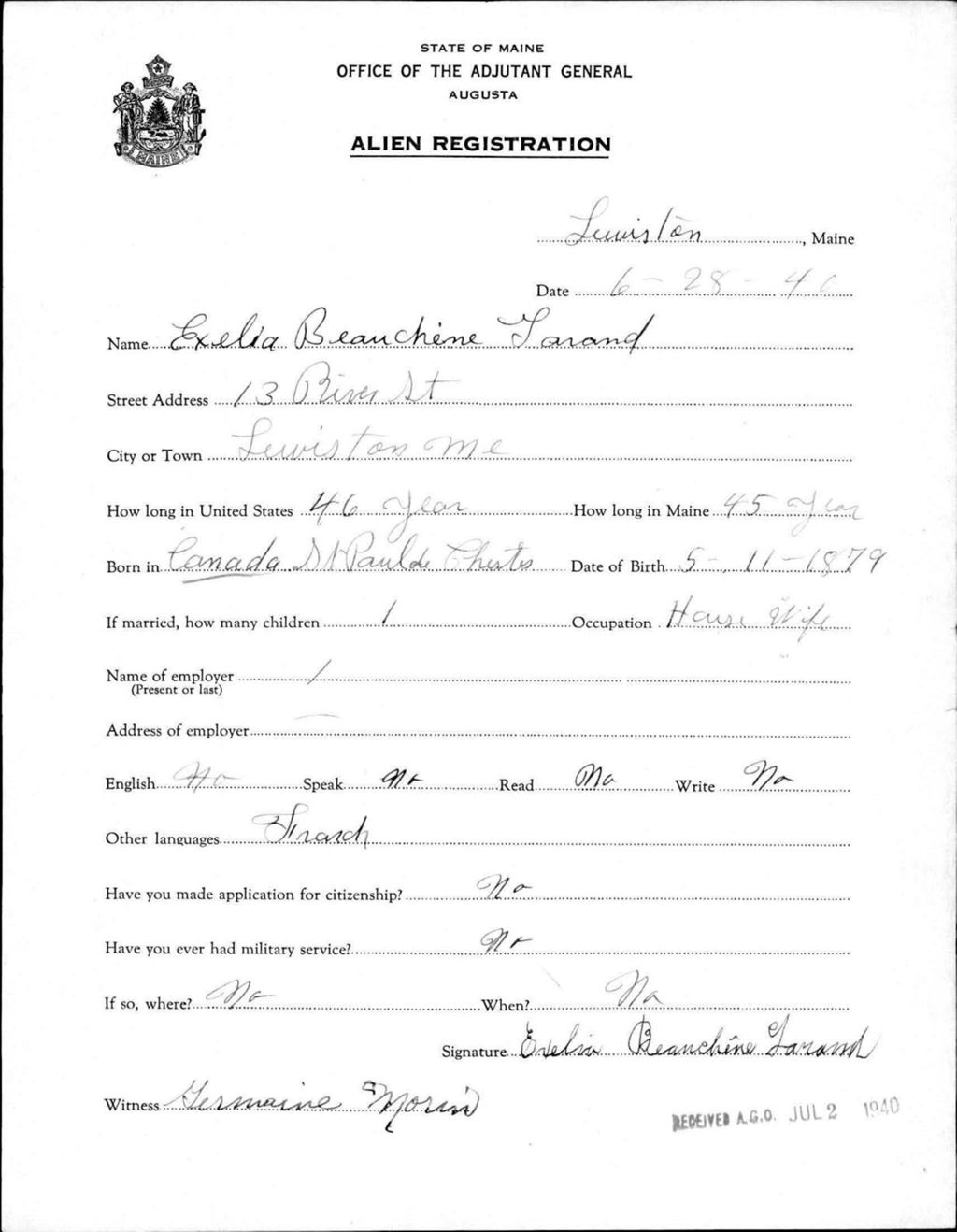 Miniature of Alien Registration- Beauchene, Exelia (Lewiston, Androscoggin County)