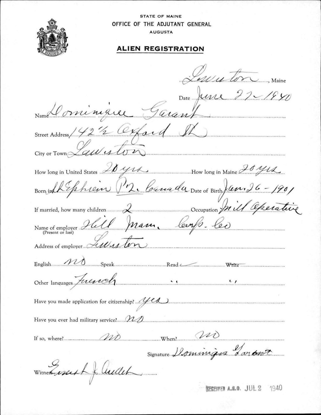 Miniature of Alien Registration- Garant, Dominique (Lewiston, Androscoggin County)