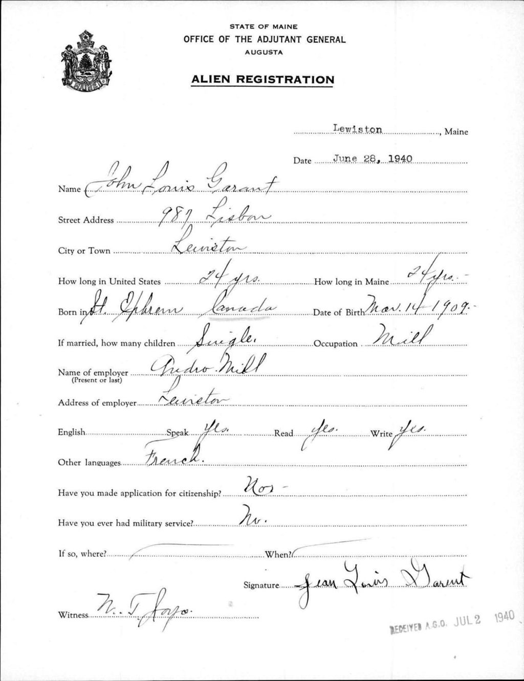 Miniature of Alien Registration- Garant, John L. (Lewiston, Androscoggin County)