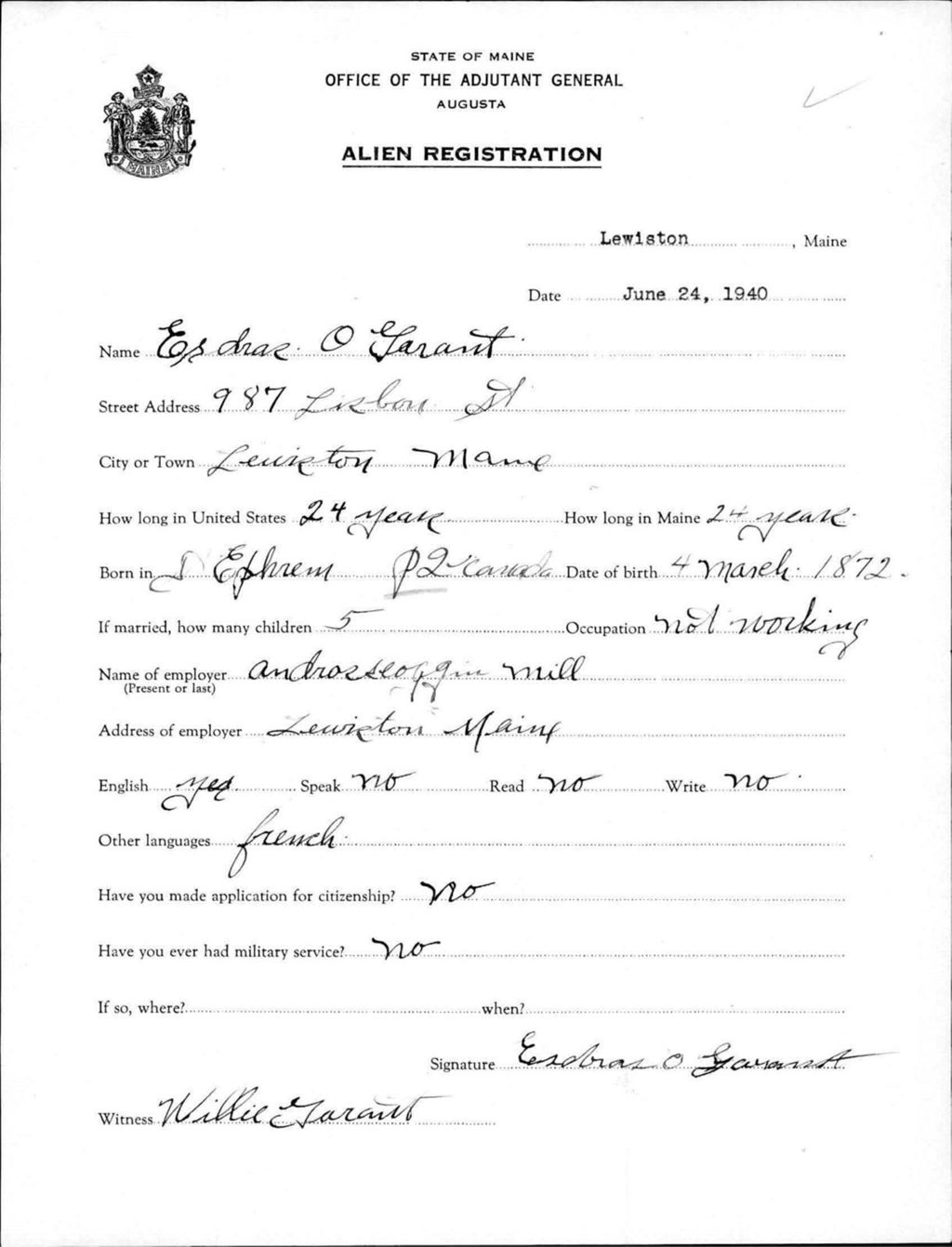 Miniature of Alien Registration- Garant, Esdras (Lewiston, Androscoggin County)