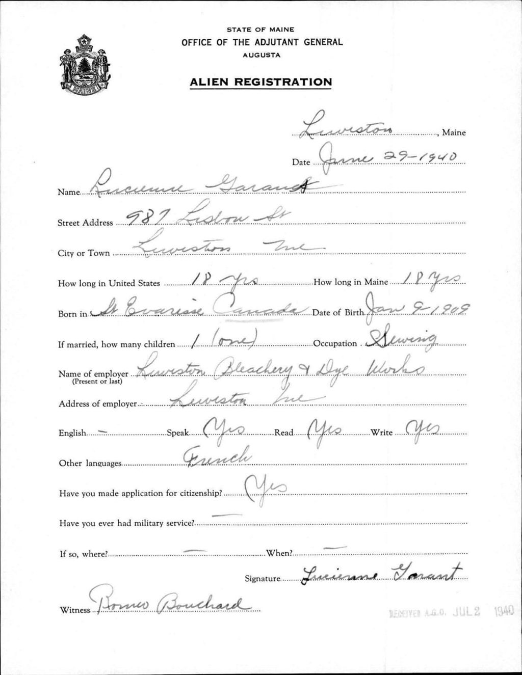 Miniature of Alien Registration- Garant, Lucienne (Lewiston, Androscoggin County)