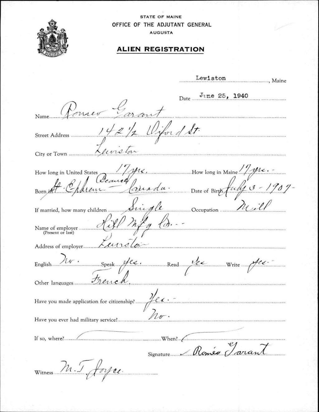 Miniature of Alien Registration- Garant, Romeo (Lewiston, Androscoggin County)