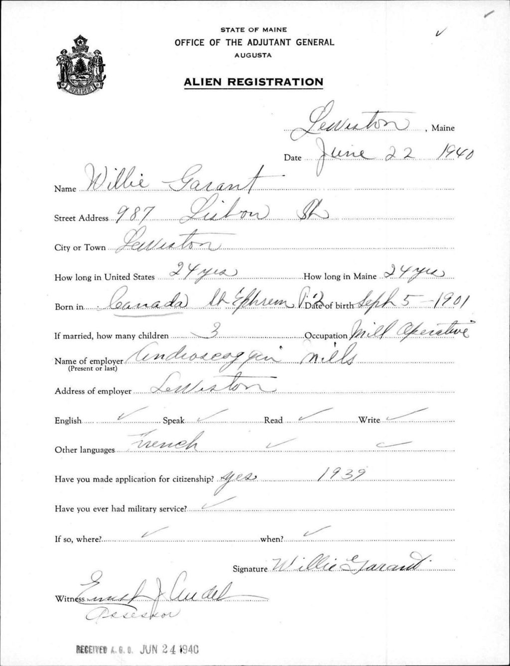 Miniature of Alien Registration- Garant, Willie (Lewiston, Androscoggin County)
