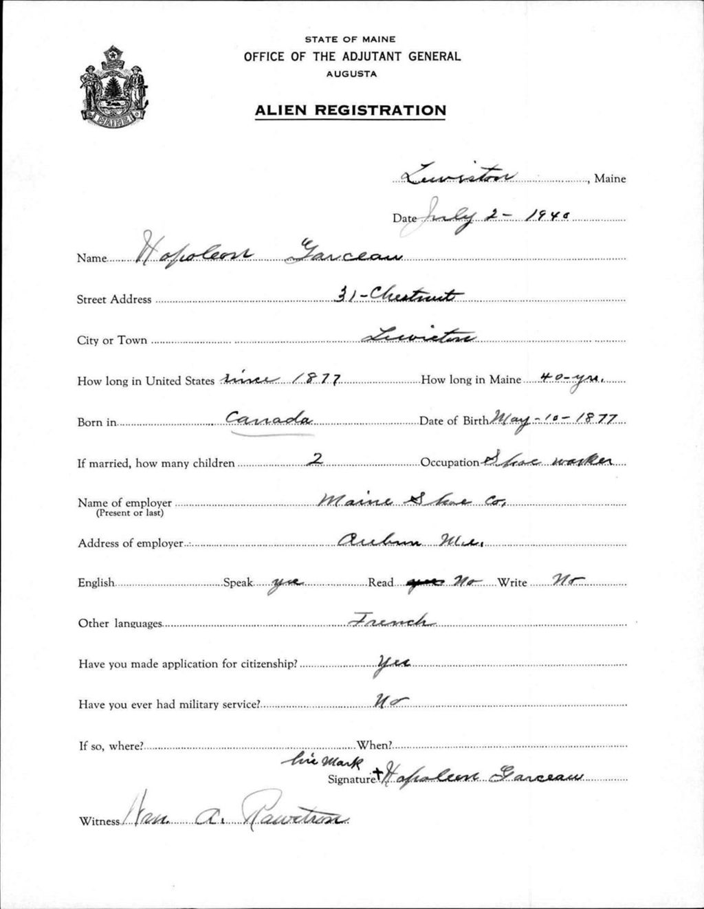 Miniature of Alien Registration- Garceau, Napoleon (Lewiston, Androscoggin County)