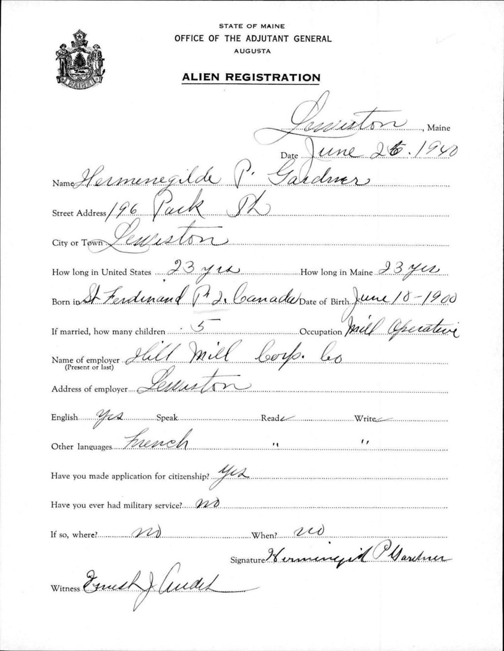 Miniature of Alien Registration- Gardner, Hermenegilde P. (Lewiston, Androscoggin County)