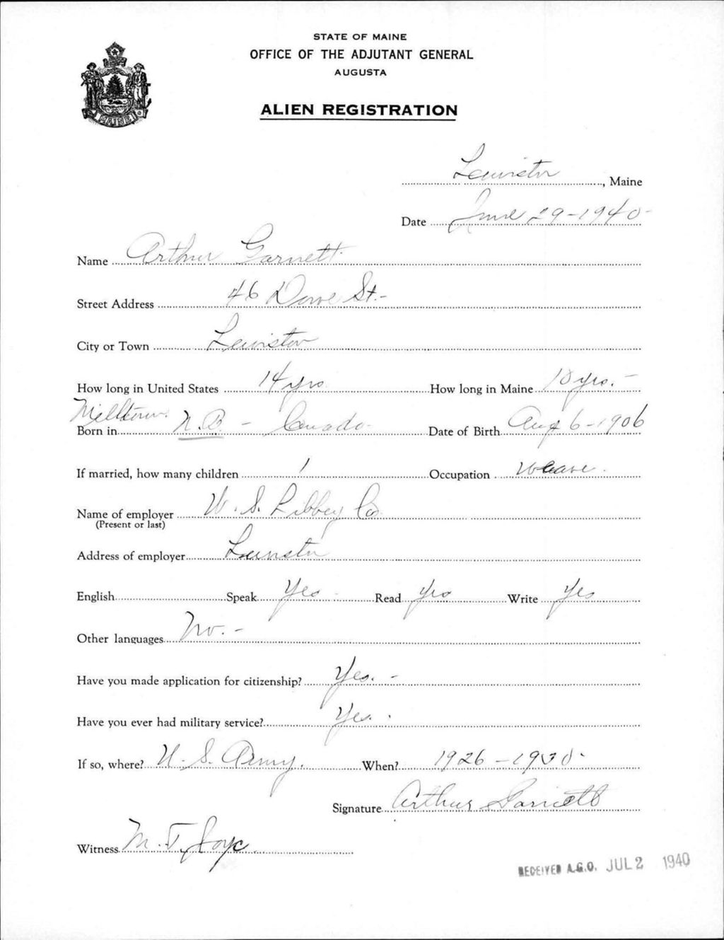 Miniature of Alien Registration- Garnett, Arthur (Lewiston, Androscoggin County)