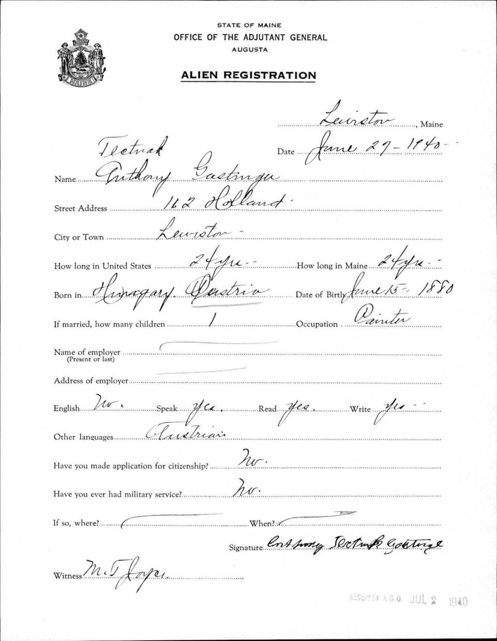Miniature of Alien Registration- Gastinger, Anthony T. (Lewiston, Androscoggin County)