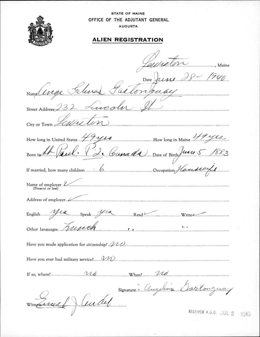 Miniature of Alien Registration- Gelinas, Ange (Lewiston, Androscoggin County)