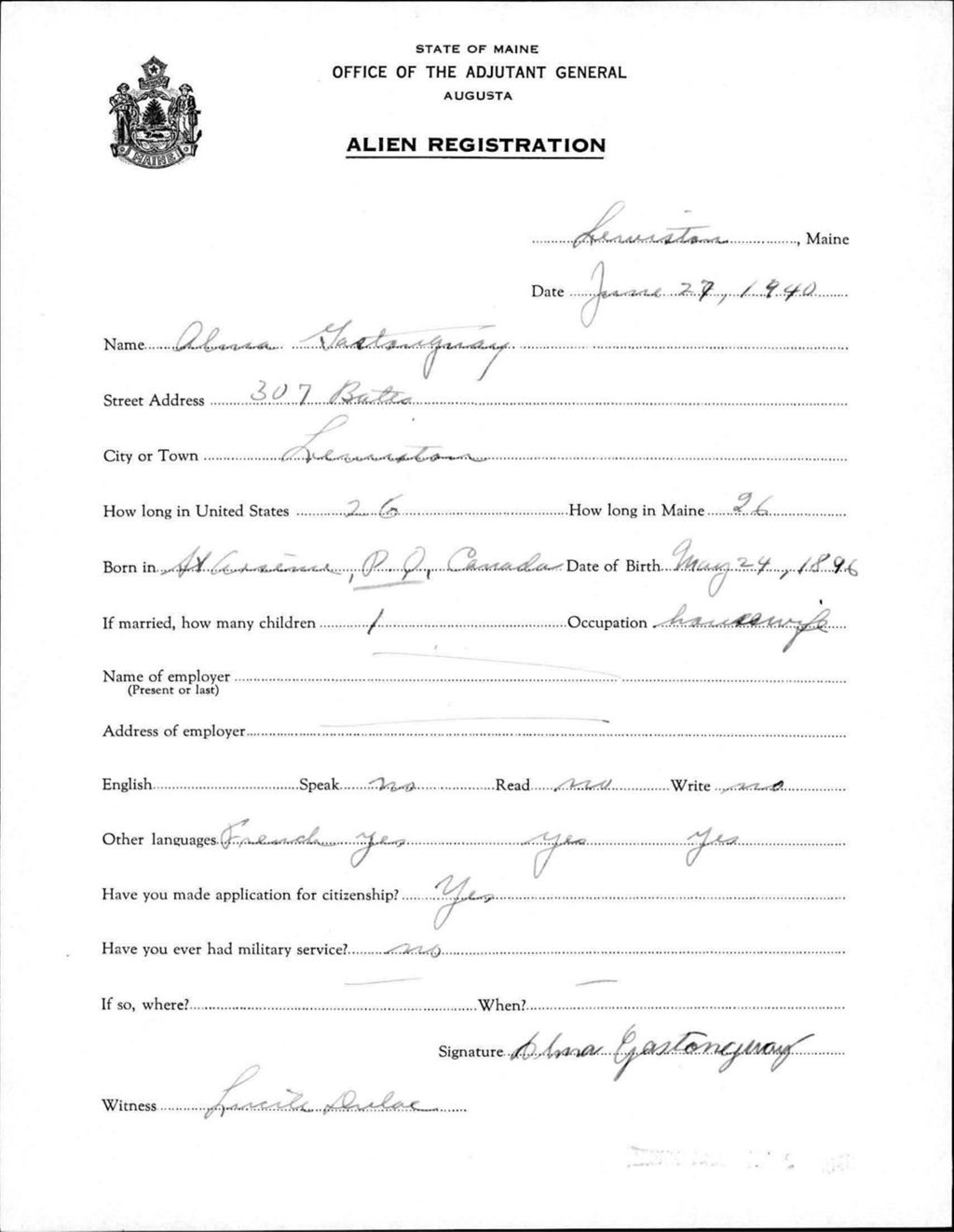 Miniature of Alien Registration- Gastonguay, Alma (Lewiston, Androscoggin County)