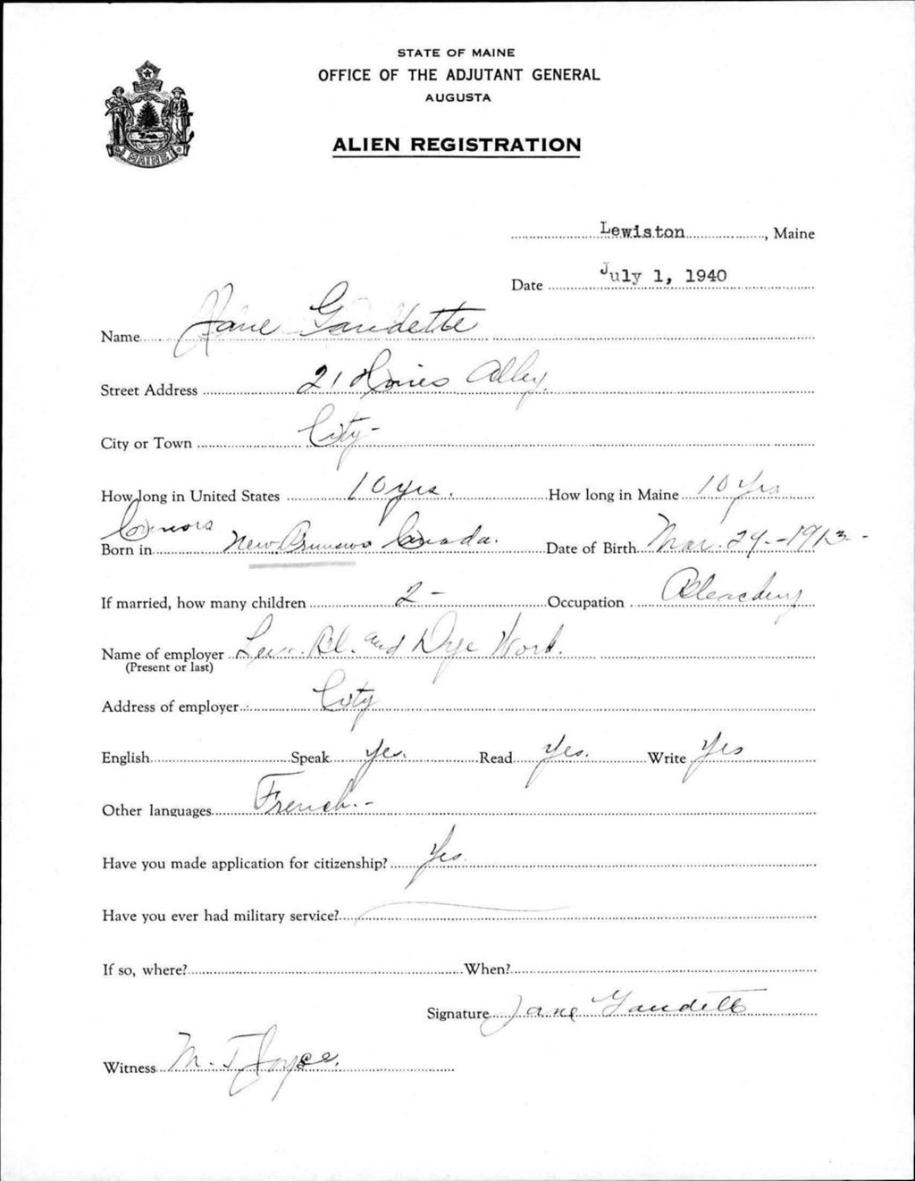 Miniature of Alien Registration- Gaudette, Jane (Lewiston, Androscoggin County)