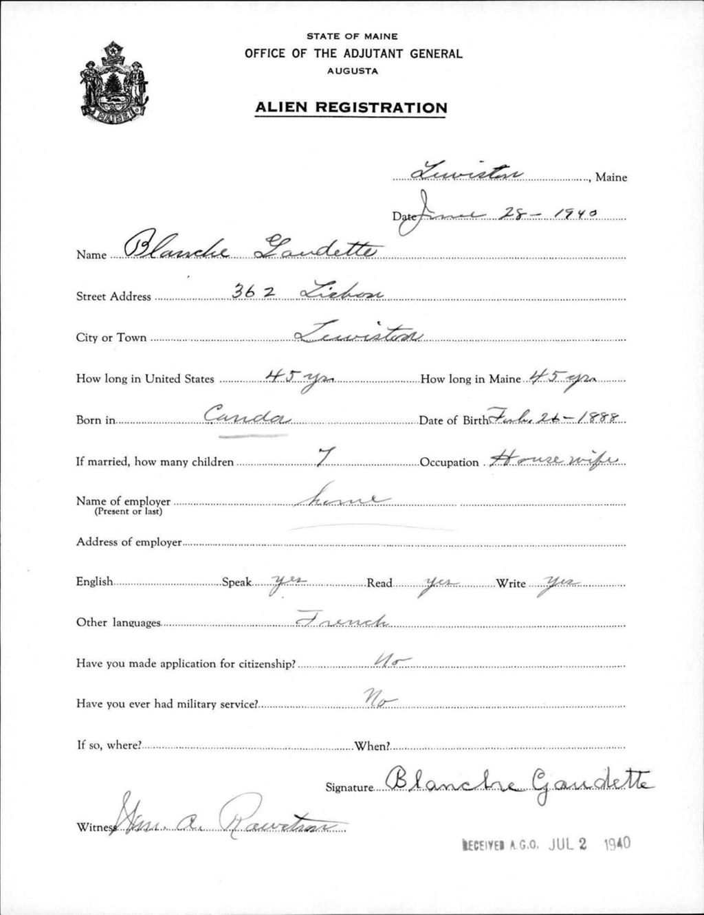 Miniature of Alien Registration- Gaudette, Blanche (Lewiston, Androscoggin County)