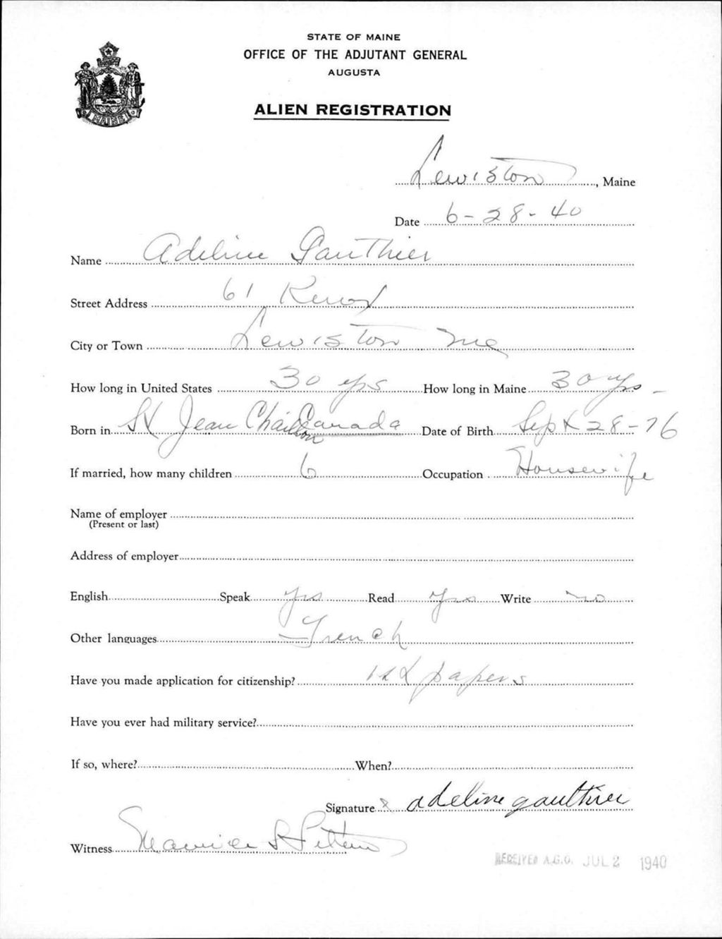 Miniature of Alien Registration- Gauthier, Adeline (Lewiston, Androscoggin County)