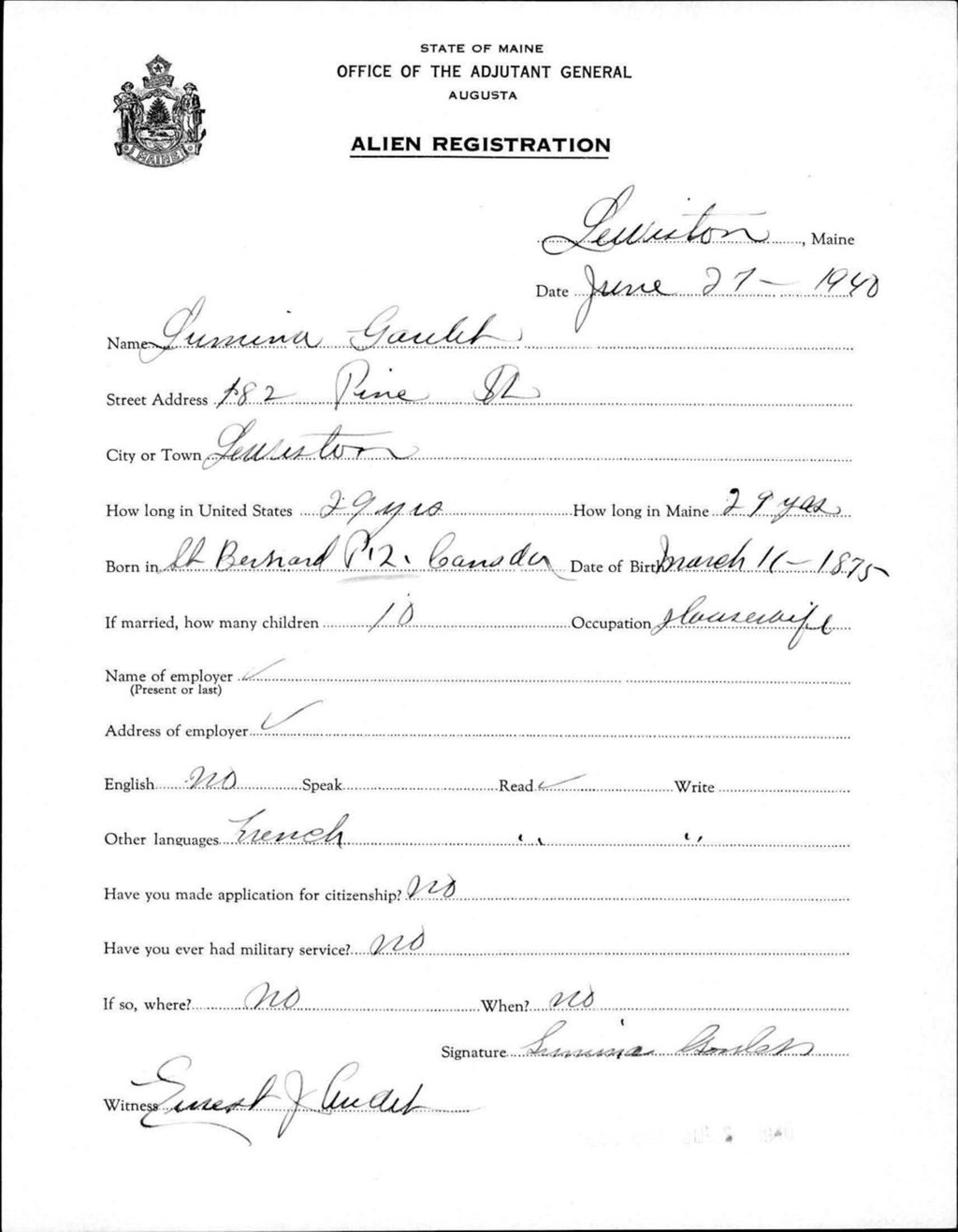 Miniature of Alien Registration- Gaulet, Lumina (Lewiston, Androscoggin County)