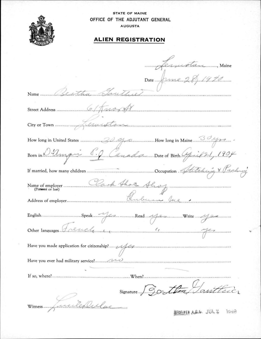 Miniature of Alien Registration- Gauthier, Bertha (Lewiston, Androscoggin County)