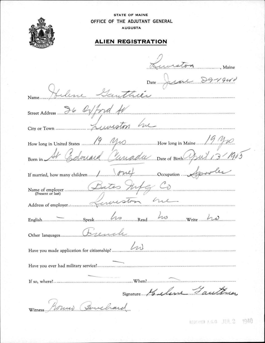 Miniature of Alien Registration- Gauthier, Helene (Lewiston, Androscoggin County)
