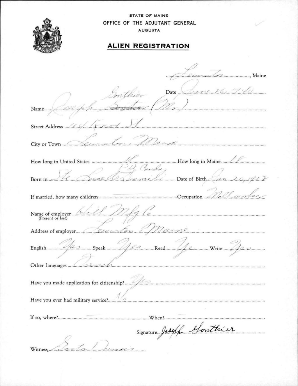Miniature of Alien Registration- Gauthier, Joseph (Lewiston, Androscoggin County)