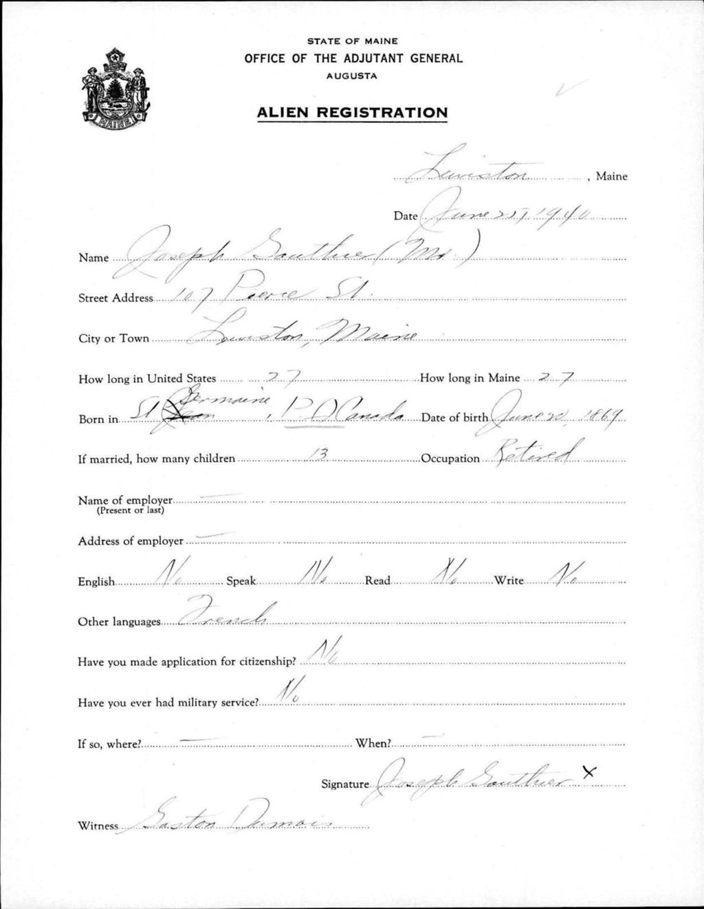 Miniature of Alien Registration- Gauthier, Joseph (Lewiston, Androscoggin County)