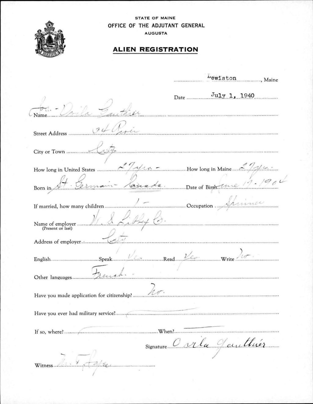 Miniature of Alien Registration- Gauthier, Joseph O. (Lewiston, Androscoggin County)