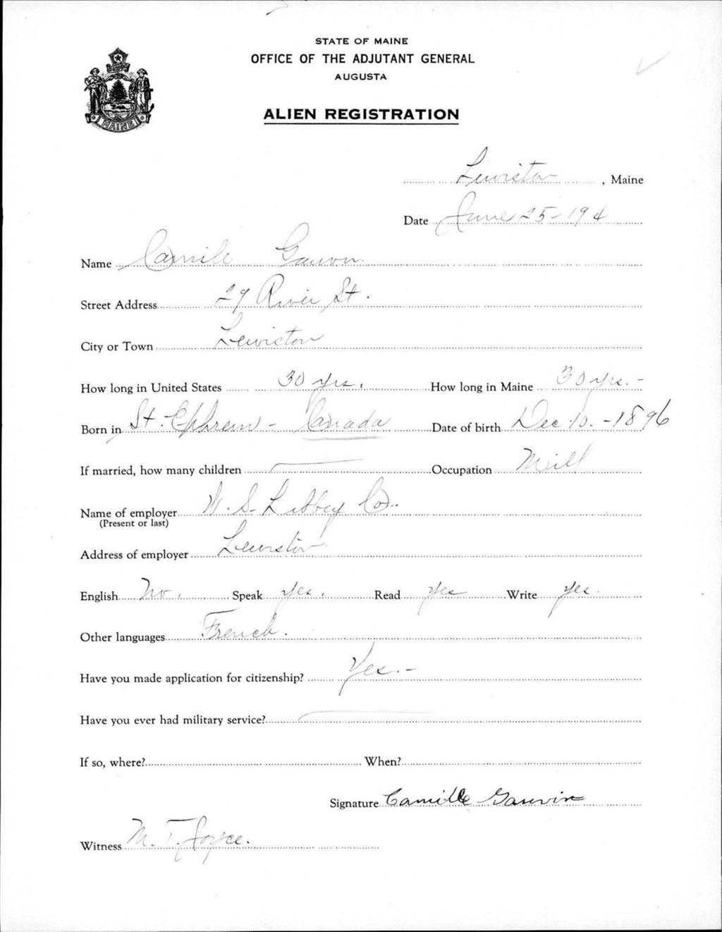 Miniature of Alien Registration- Gauvin, Camille (Lewiston, Androscoggin County)