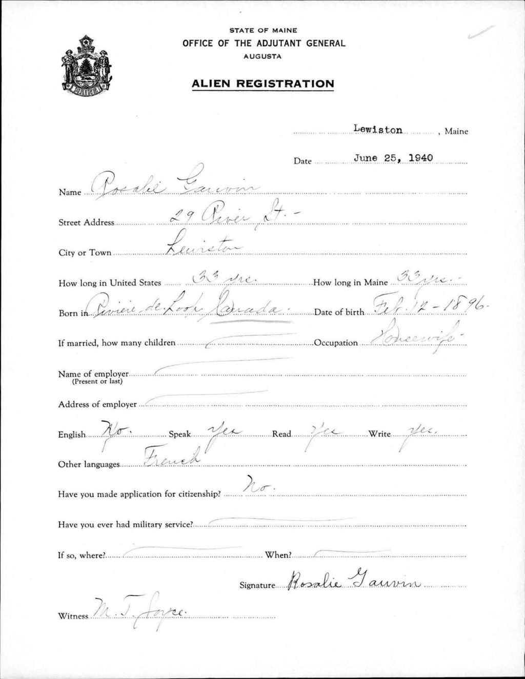 Miniature of Alien Registration- Gauvin, Rosalie (Lewiston, Androscoggin County)