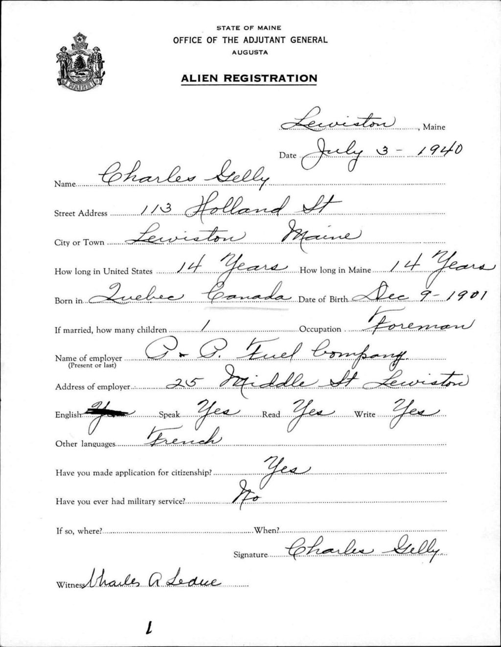 Miniature of Alien Registration- Gelly, Charles (Lewiston, Androscoggin County)