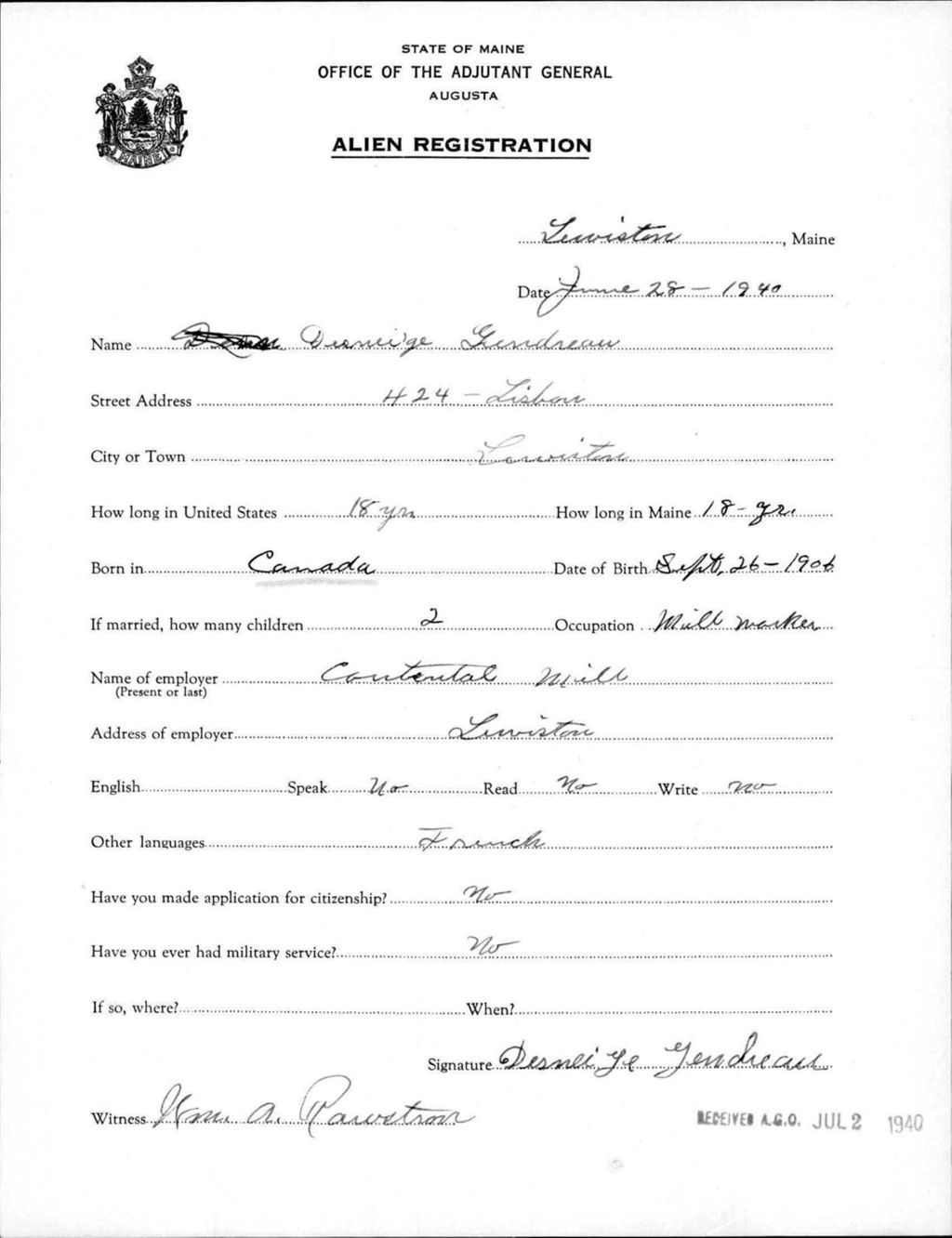 Miniature of Alien Registration- Gendreau, Desneige (Lewiston, Androscoggin County)