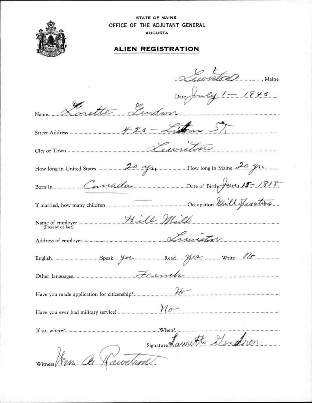 Miniature of Alien Registration- Gendron, Lorette (Lewiston, Androscoggin County)