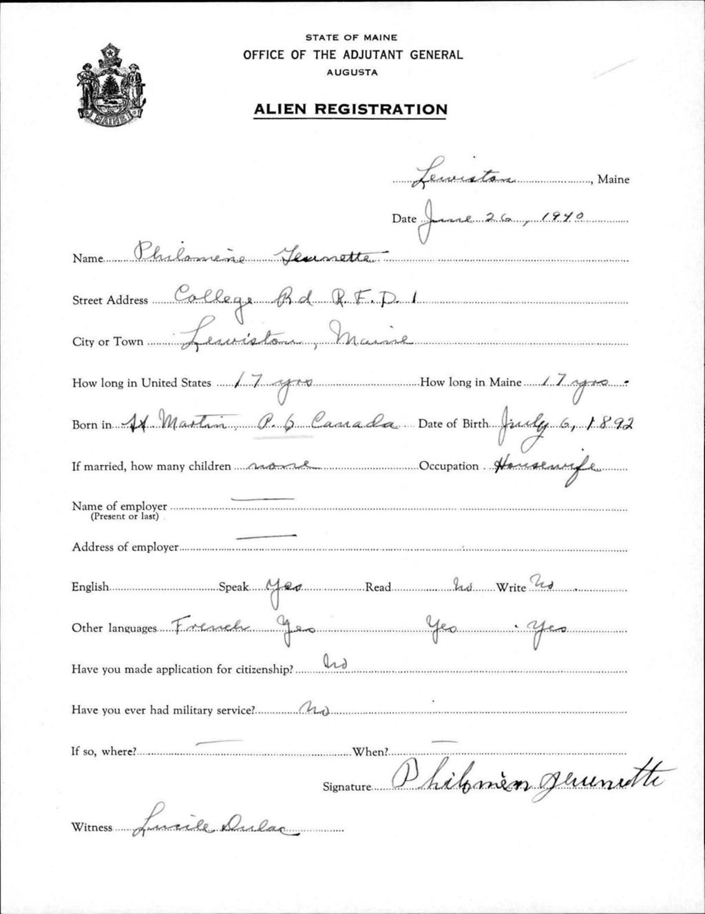Miniature of Alien Registration- Geunette, Philomine (Lewiston, Androscoggin County)