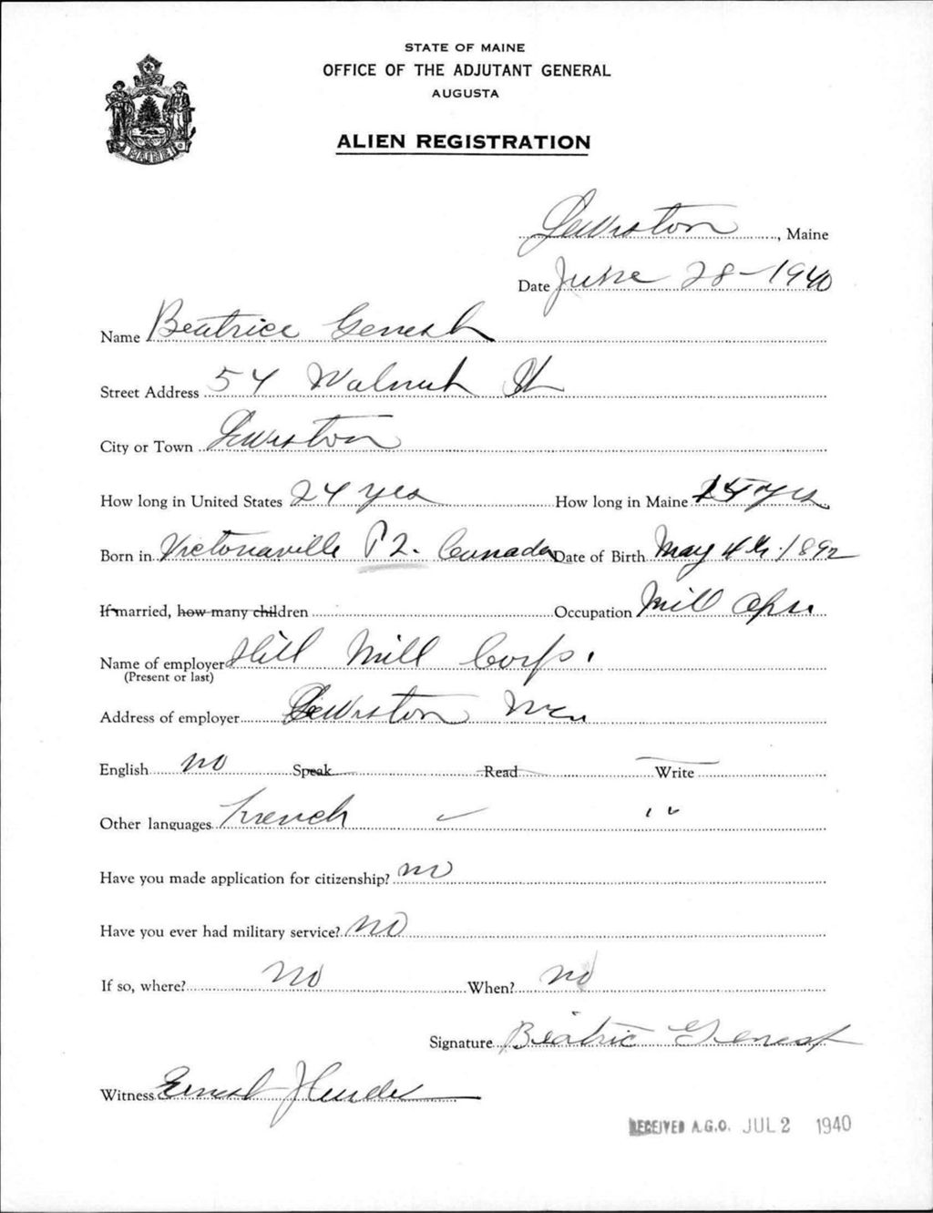 Miniature of Alien Registration- Genest, Beatrice (Lewiston, Androscoggin County)