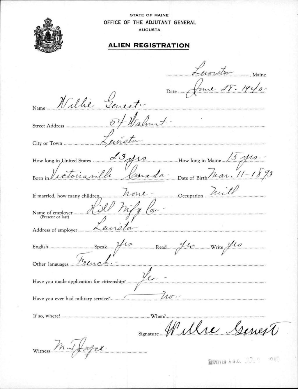 Miniature of Alien Registration- Genest, Willie (Lewiston, Androscoggin County)