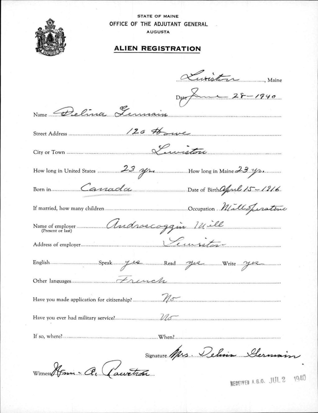 Miniature of Alien Registration- Germain, Delina (Lewiston, Androscoggin County)