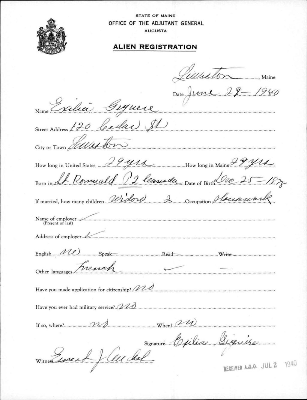 Miniature of Alien Registration- Giguere, Exilia (Lewiston, Androscoggin County)