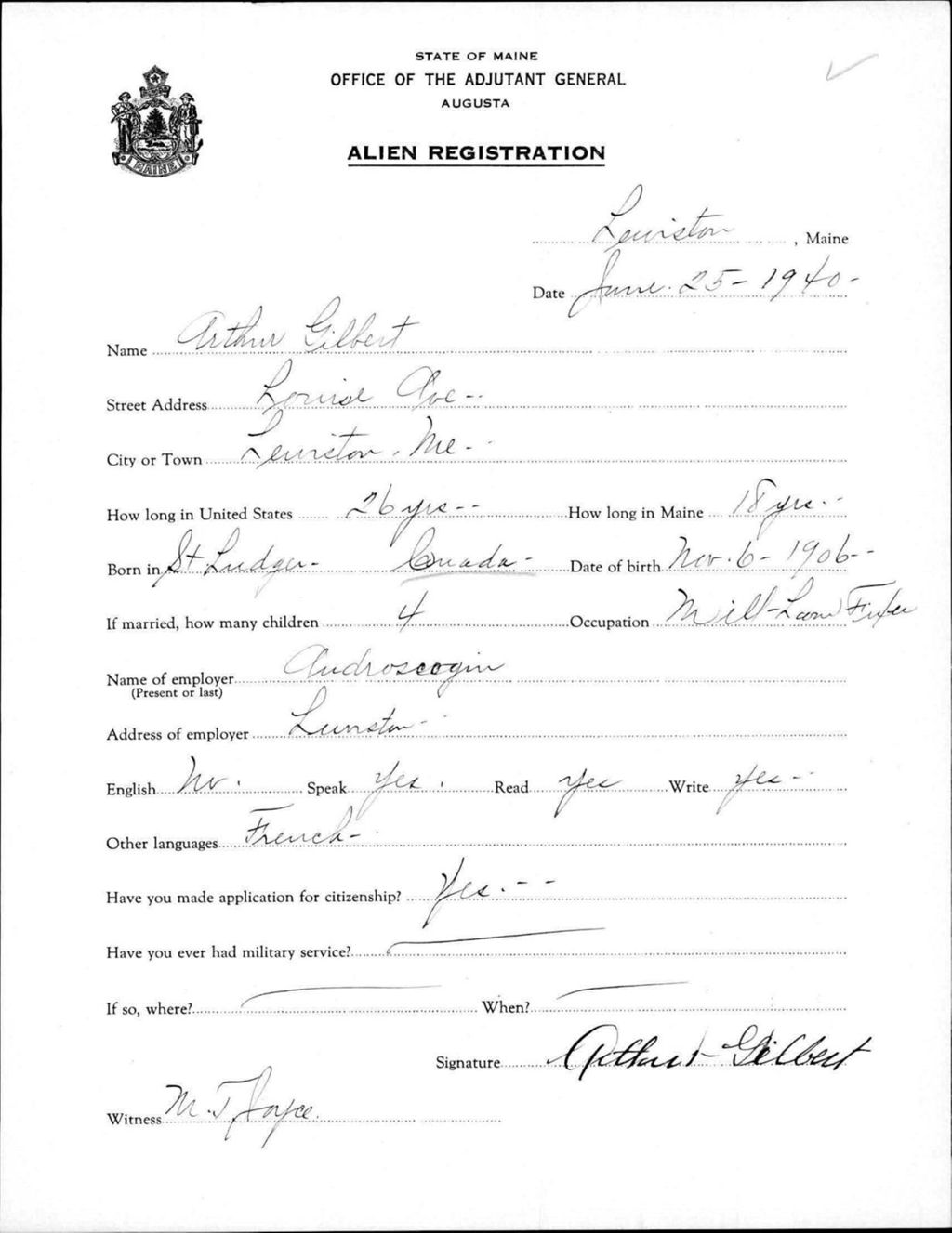 Miniature of Alien Registration- Gilbert, Arthur (Lewiston, Androscoggin County)