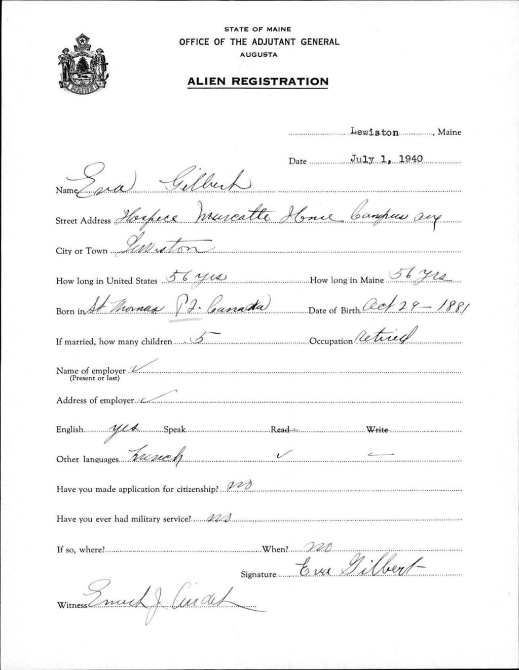 Miniature of Alien Registration- Gilbert, Eva (Lewiston, Androscoggin County)