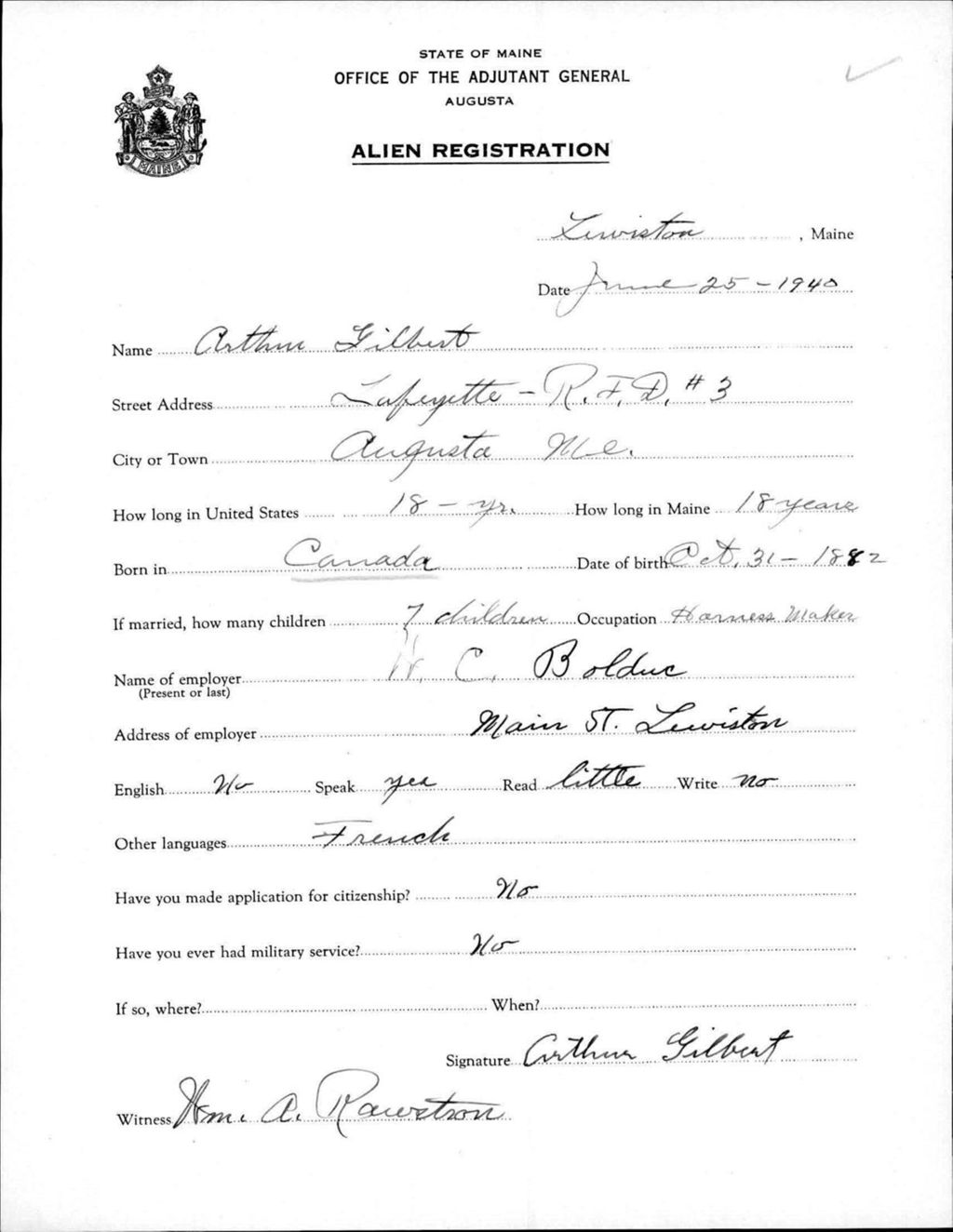 Miniature of Alien Registration- Gilbert, Arthur (Lewiston, Androscoggin County)