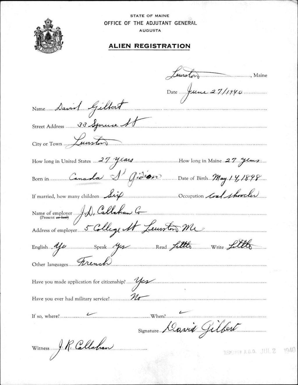 Miniature of Alien Registration- Gilbert, David (Lewiston, Androscoggin County)