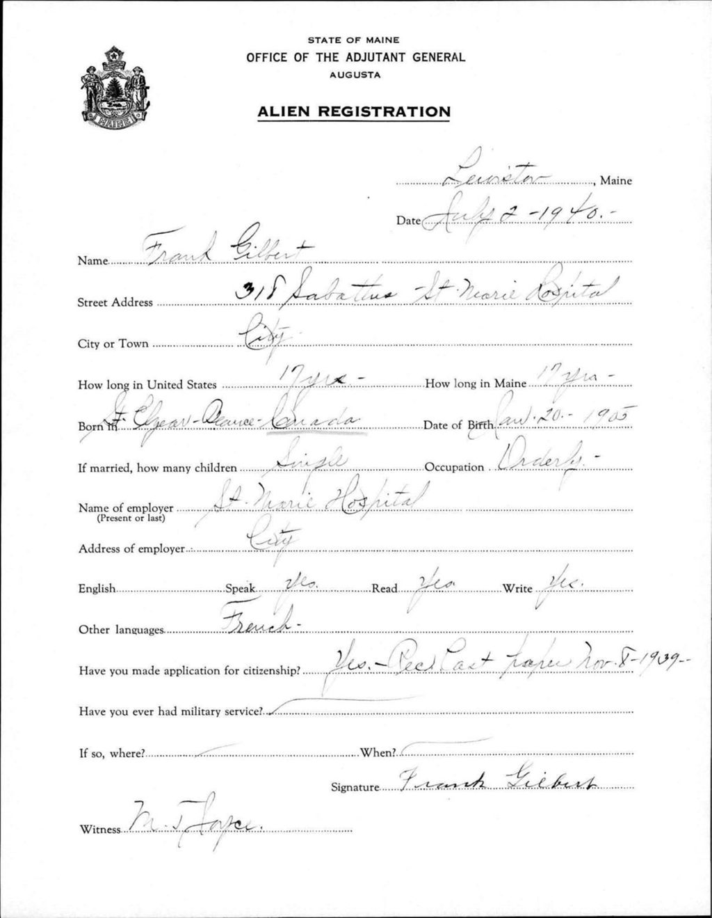 Miniature of Alien Registration- Gilbert, Frank (Lewiston, Androscoggin County)