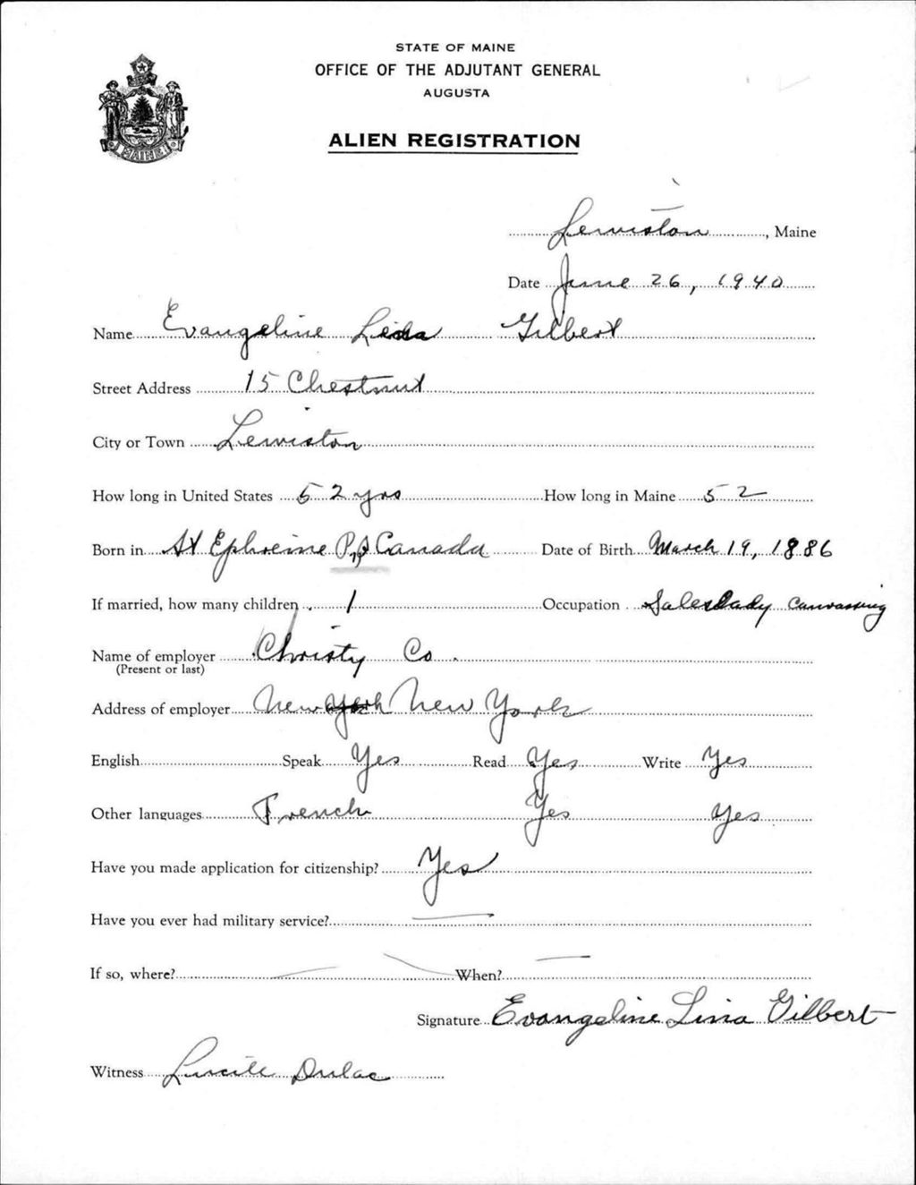 Miniature of Alien Registration- Gilbert, Evangeline L. (Lewiston, Androscoggin County)
