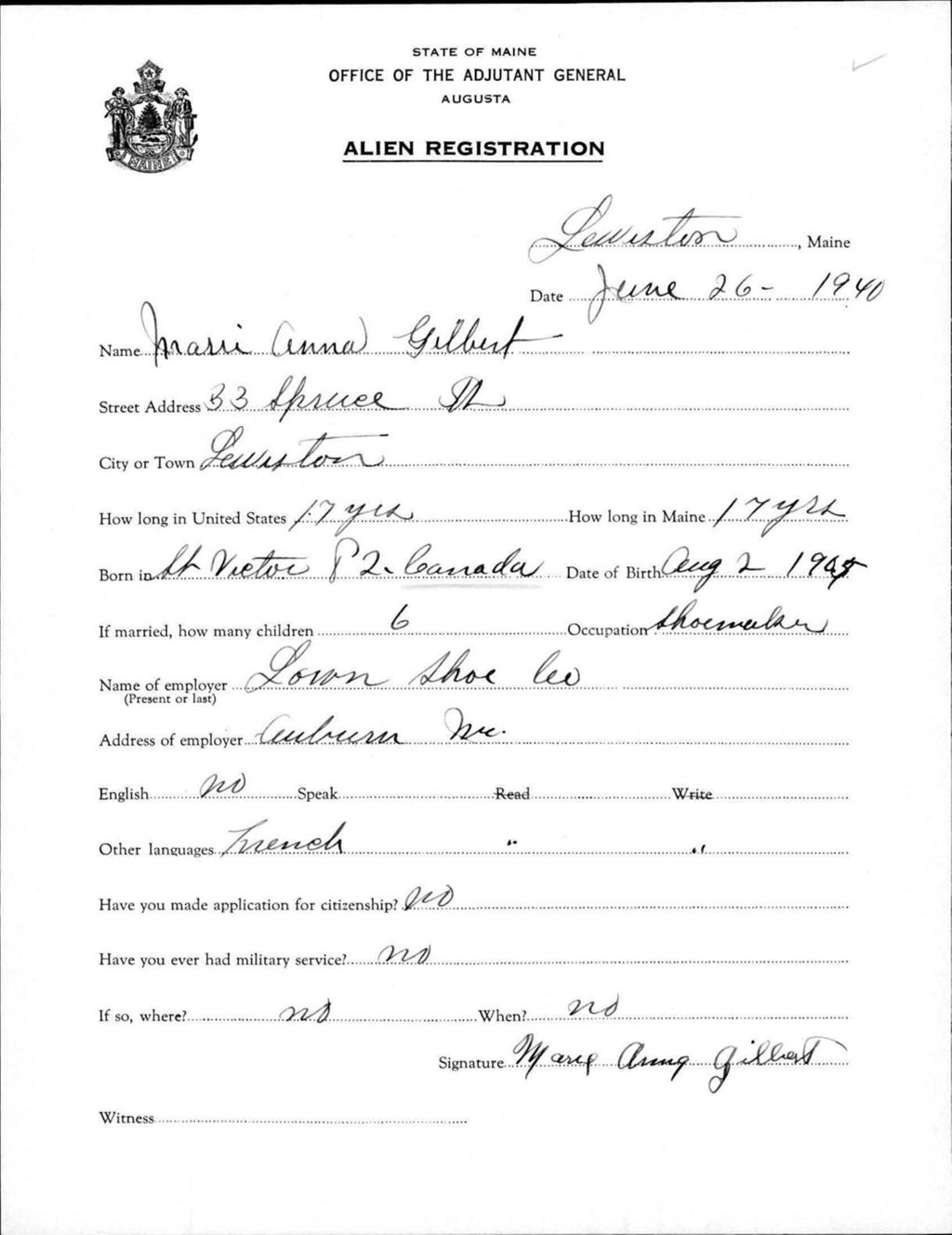 Miniature of Alien Registration- Gilbert, Marie A. (Lewiston, Androscoggin County)