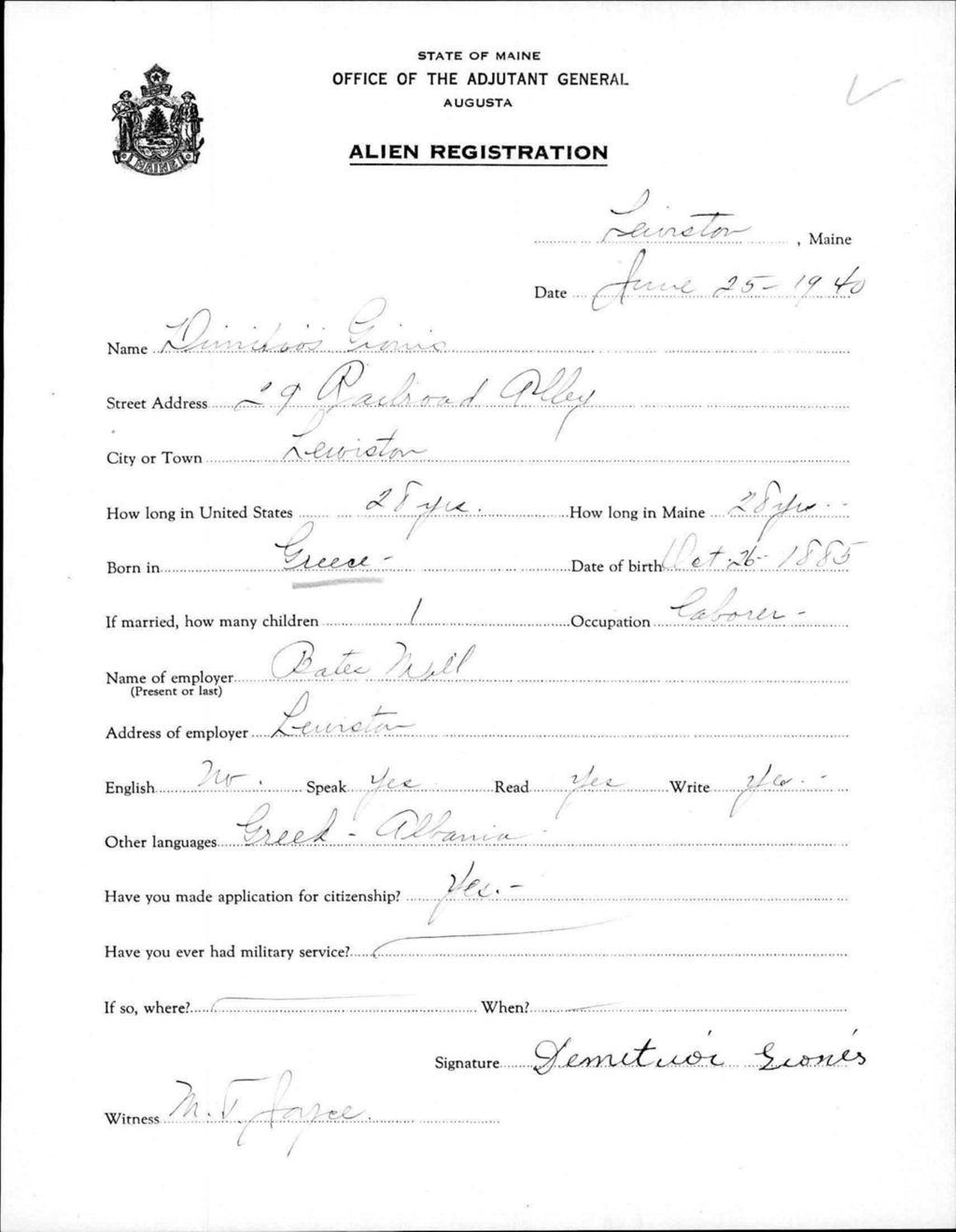 Miniature of Alien Registration- Geones, Demetuos (Lewiston, Androscoggin County)
