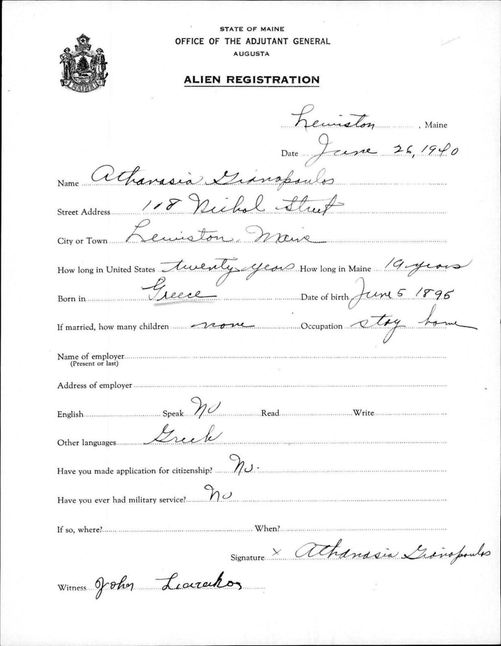 Miniature of Alien Registration- Gianopoulos, Athanasia (Lewiston, Androscoggin County)