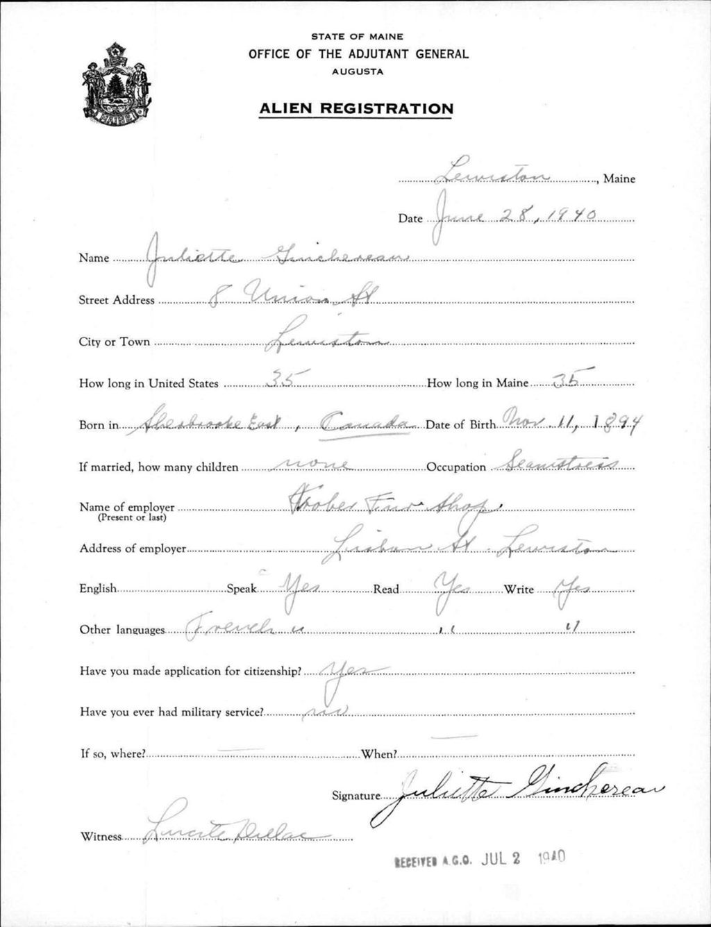 Miniature of Alien Registration- Ginchereau, Juliette (Lewiston, Androscoggin County)