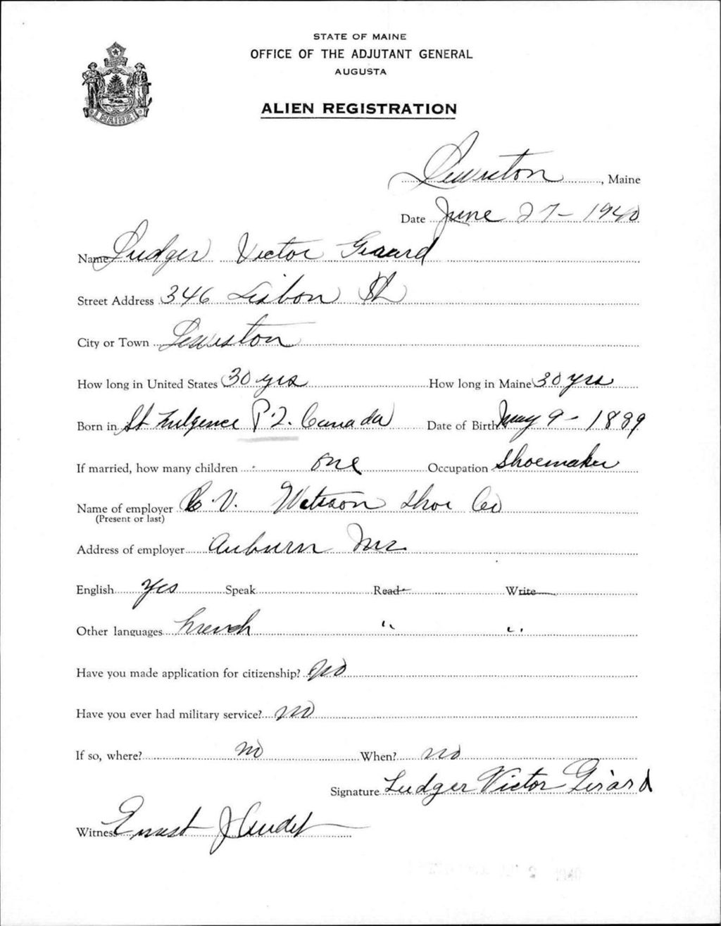 Miniature of Alien Registration- Girard, Ludger V. (Lewiston, Androscoggin County)