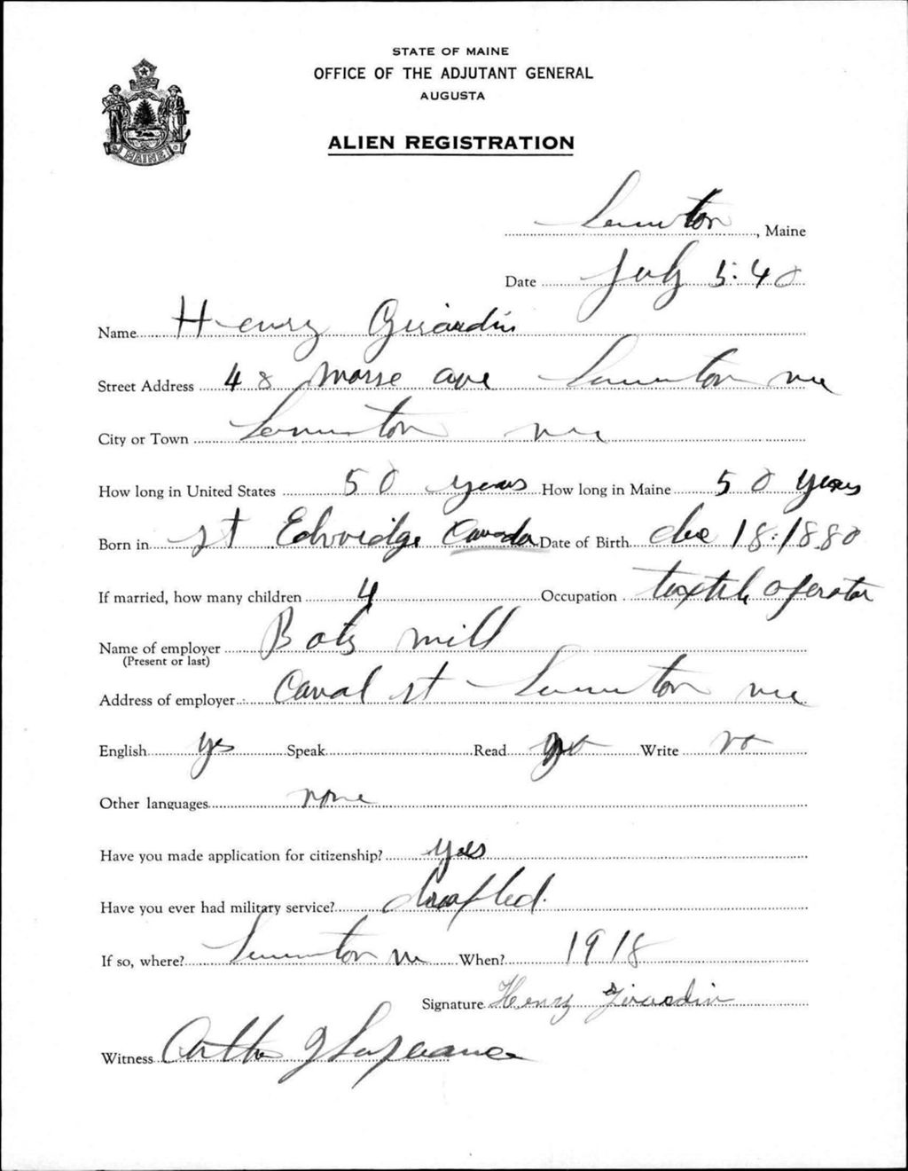 Miniature of Alien Registration- Girardin, Henry (Lewiston, Androscoggin County)